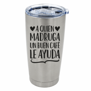 Vaso de acero con ilustración a quien medruga un buen café
