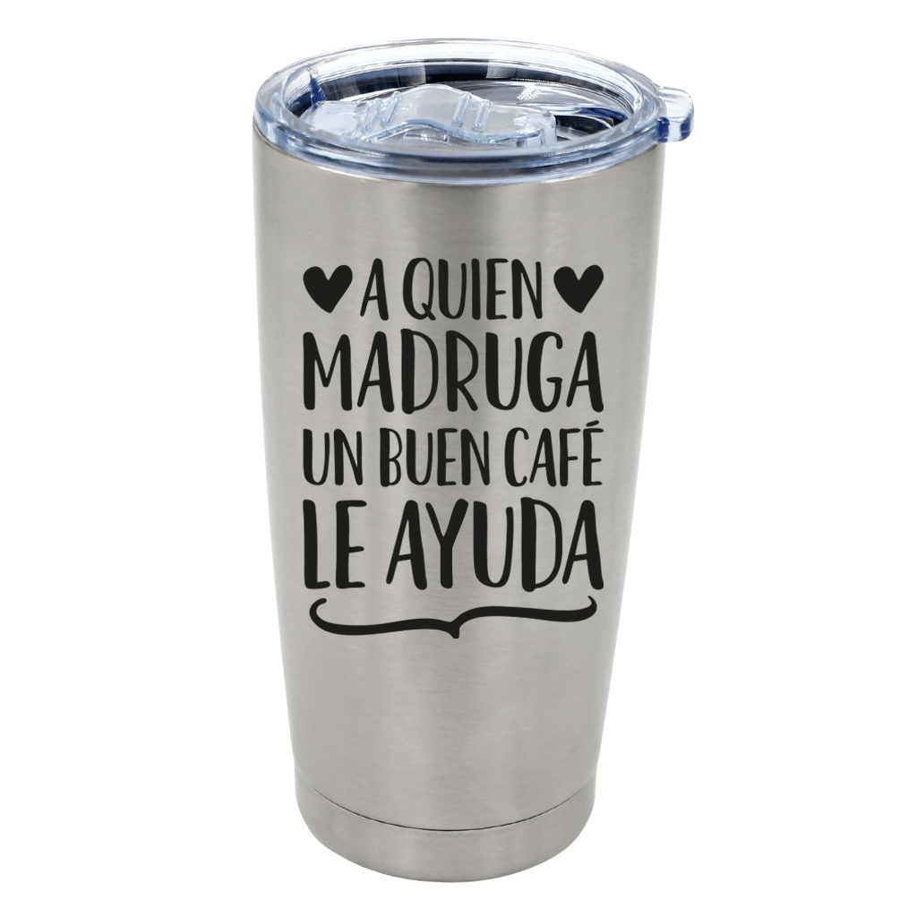 Vaso de acero con ilustración a quien medruga un buen café