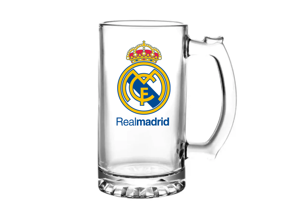 Jarra transparente 16 Onza. con ilustración Real Madrid
